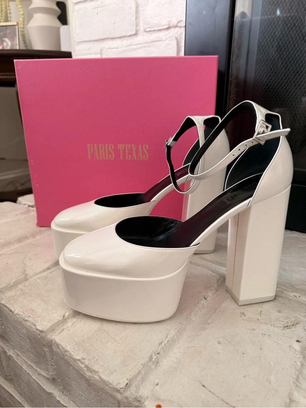 Paris Texas White Patent Platform Ankle-Strap Pumps with Black Insole